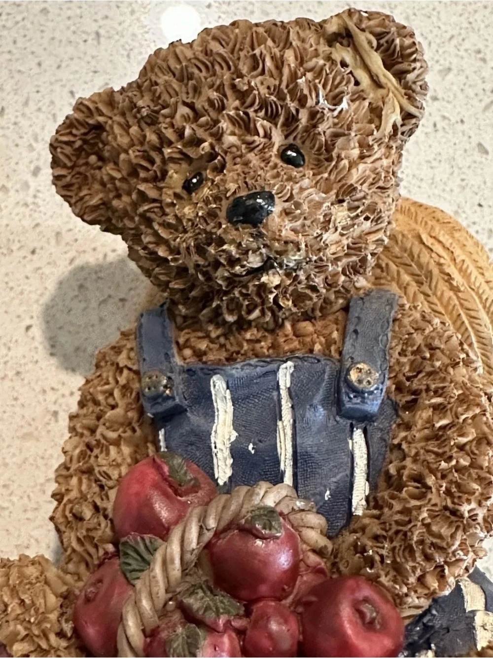 Brown Bear Figurine with Blue Striped Overalls & Apple Basket